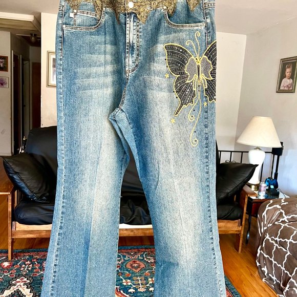 CREST JEANS Butterfly Embroidered Lace Detail Stretch Vintage JEANS Sz. 19/20 - Picture 3 of 9